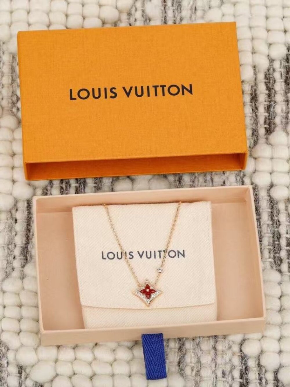 Louis Vuitton Gold Red Enamel Monogram Flower Crystal Pendant Necklace